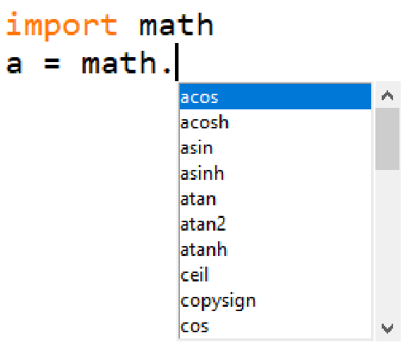 หน้าจอ Thonny แสดงรายการฟังก์ชันใน math module