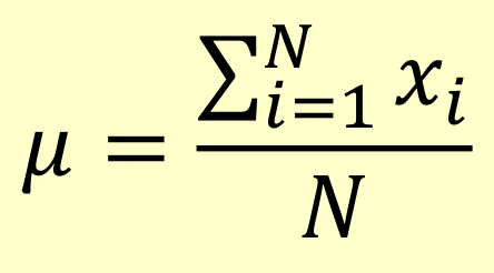 mu เท่ากับผลรวมของ x ตั้งแต่ i = 1 ถึง N หารด้วย N