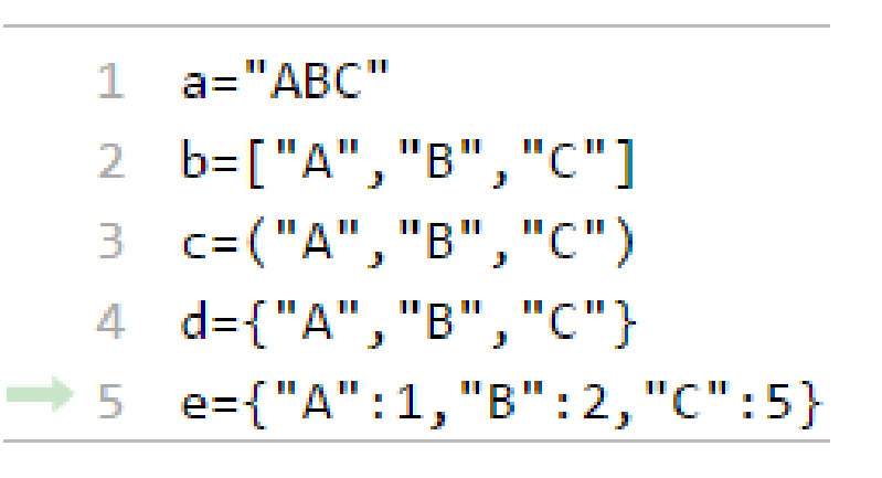 โปรแกรมห้าบรรทัดสร้าง string, list, tuple, set และ dict