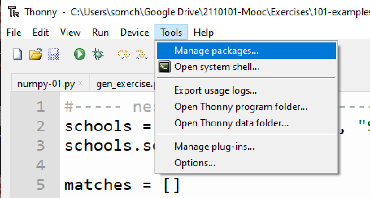 หน้าต่าง Thonny เปิดเมนู Tools แล้วเลือก Manage packages
